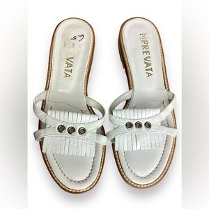 Prevata White Leather Fringe Slide Sandals